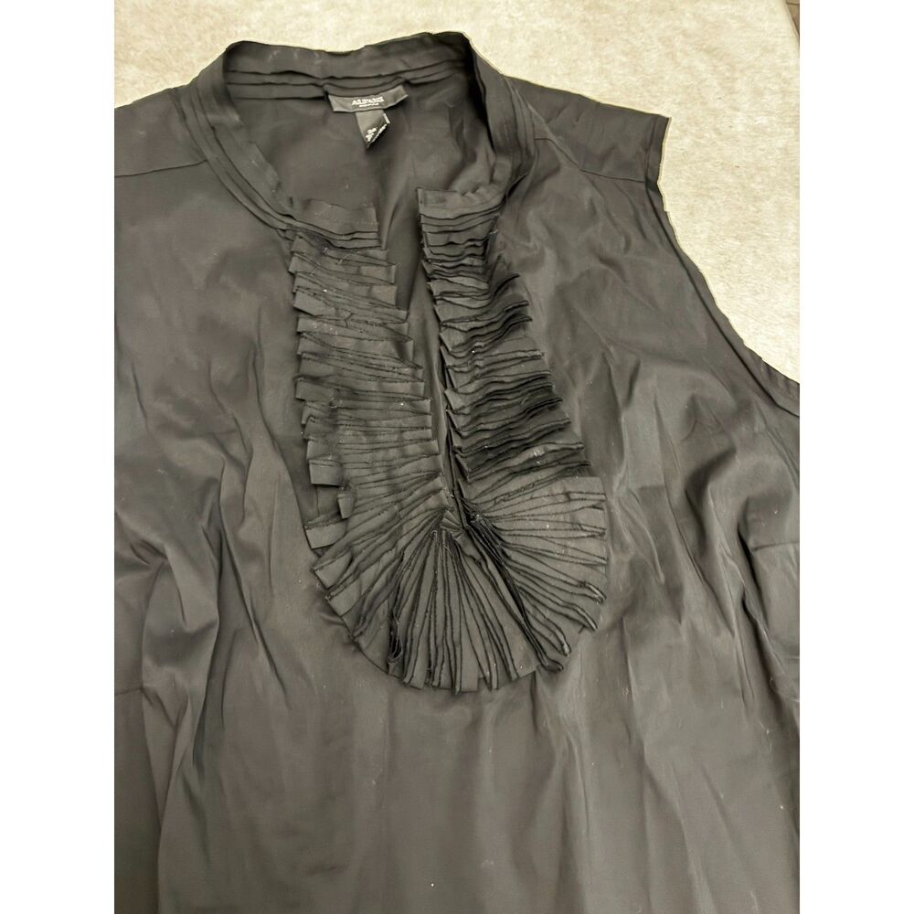 Alfani Women's Black Sleeveless Pleated Ruffle Neck Split V-Neck Top Size 24